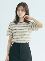 撞色圓領提花條紋T恤