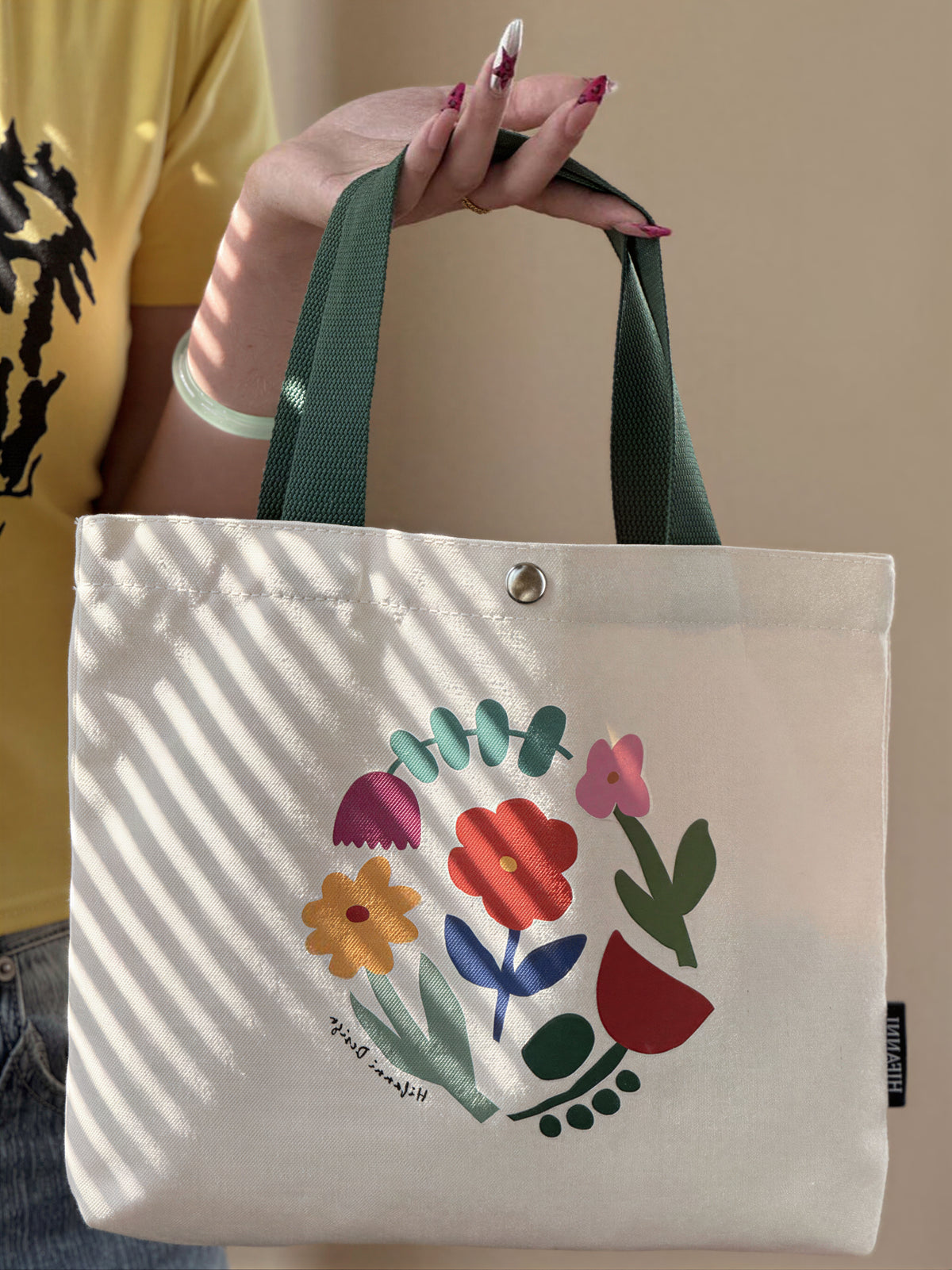 撞色花卉印花 帆布托特包-花環-无规格