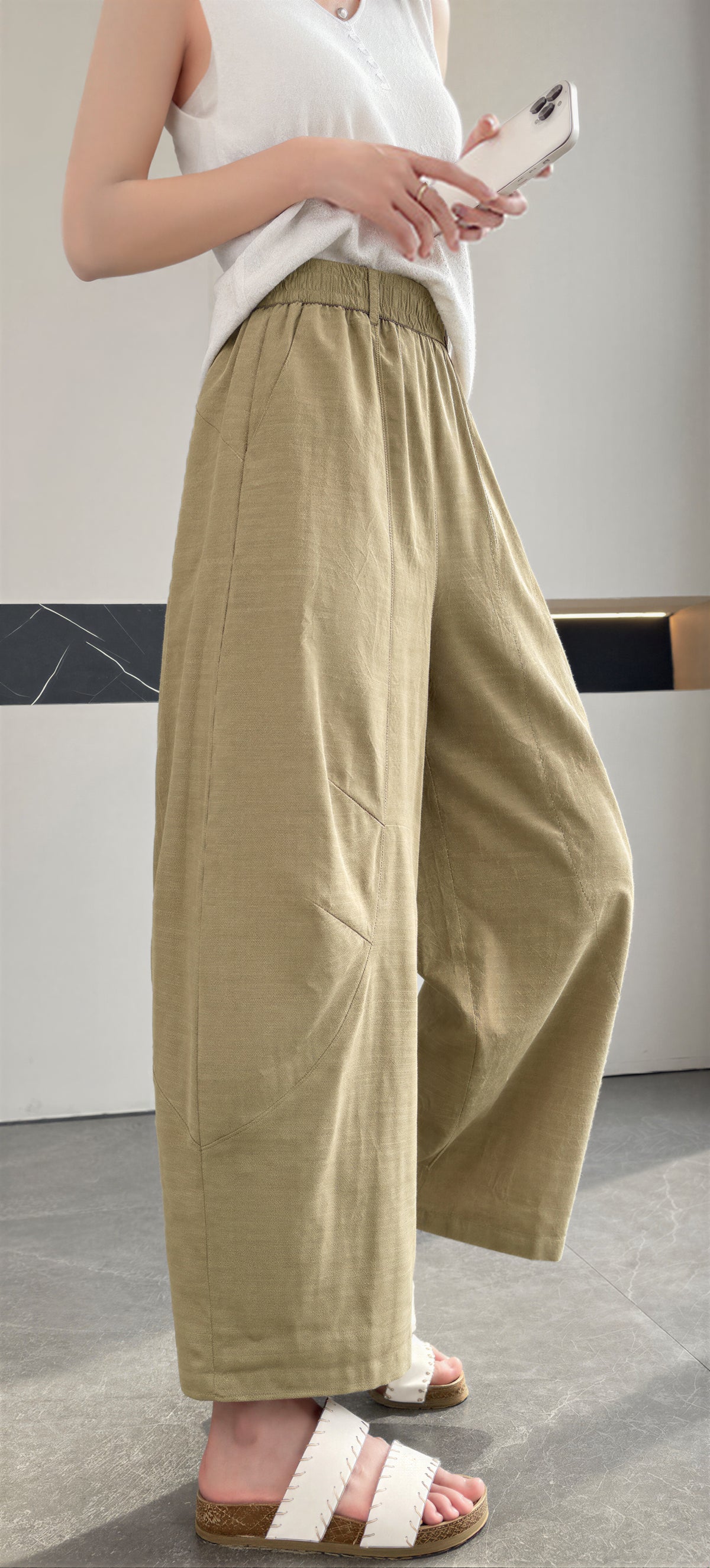 「多色」S-4XL 高腰鬆緊直筒寬褲