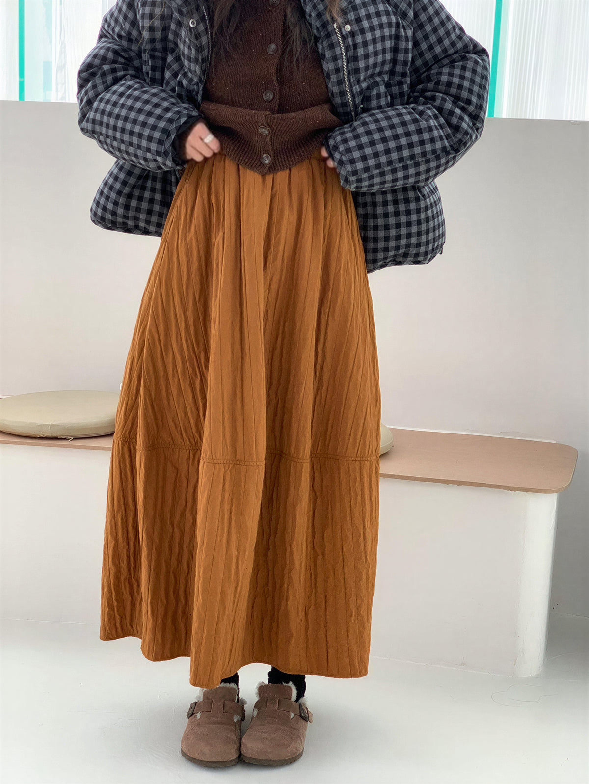「兩色」「秋季新品 」M-XL 抓皺蓬感高腰半身裙