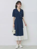 側拼百褶撞層次 腰帶收腰 假兩件襯衫洋裝-藏青色-3XL