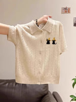 翻領短袖鏤空波紋刺繡針織開襟衫