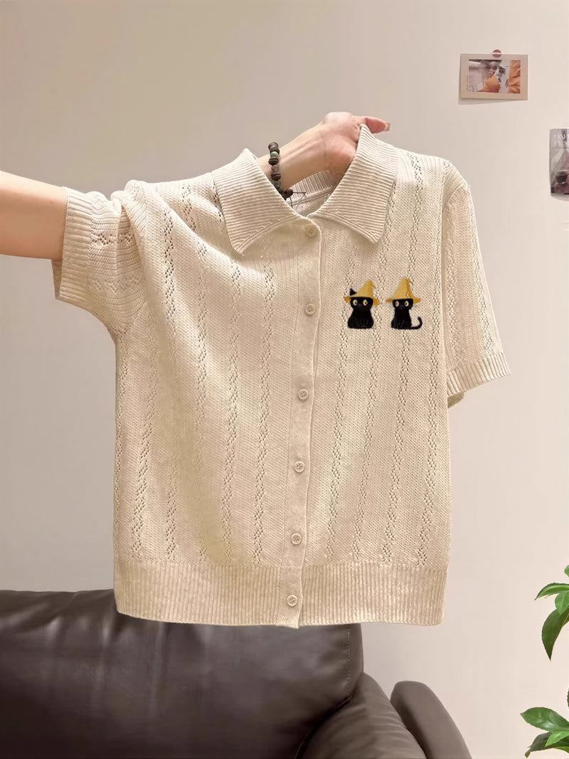 翻領短袖鏤空波紋刺繡針織開襟衫