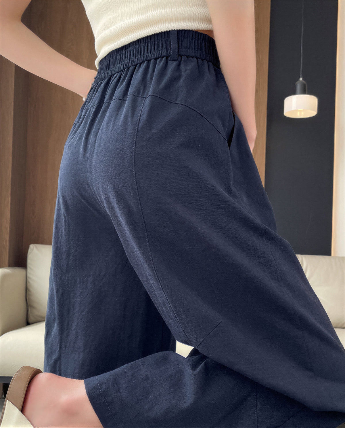 「多色」S-4XL 高腰鬆緊直筒寬褲