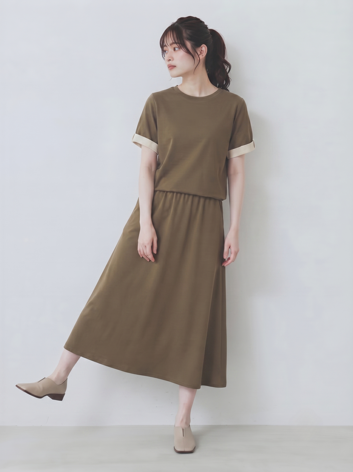 M-2XL 全棉捲邊短袖+A字半裙兩件套