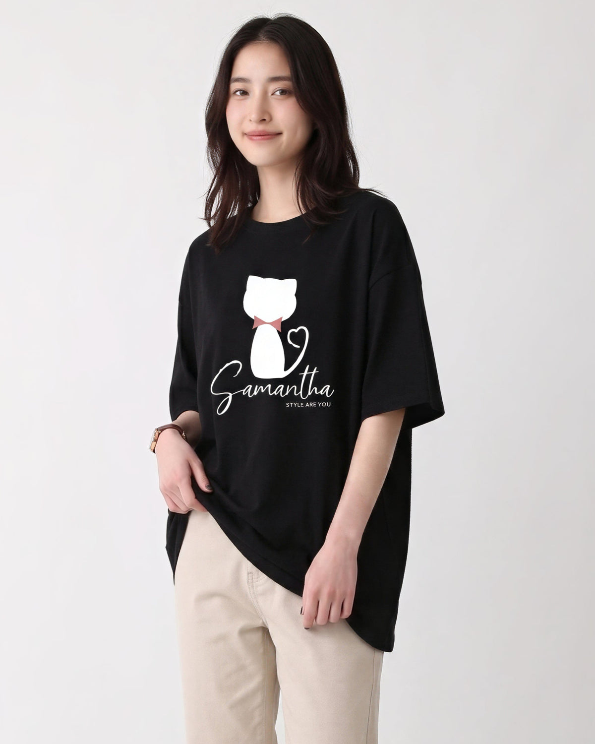 寬鬆落肩印花T恤-黑色-2XL