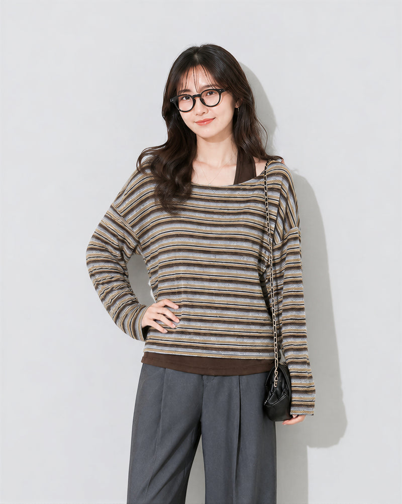 「兩色」S-XL 斜肩露膚條紋假兩件T恤