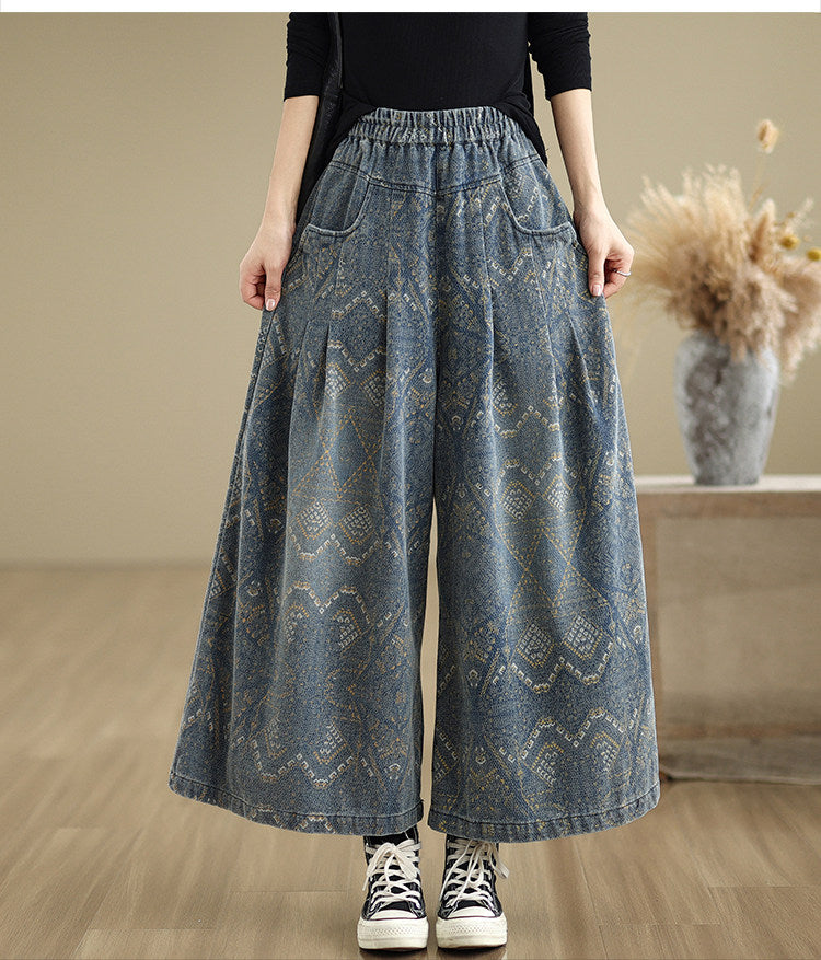 鬆緊高腰大口袋印花牛仔寬褲-藏青色-2XL
