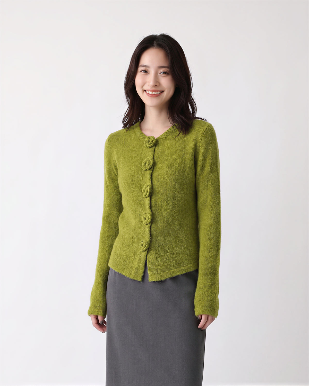 「秋季新品 」「兩色」花朵鈕扣V領針織衫
