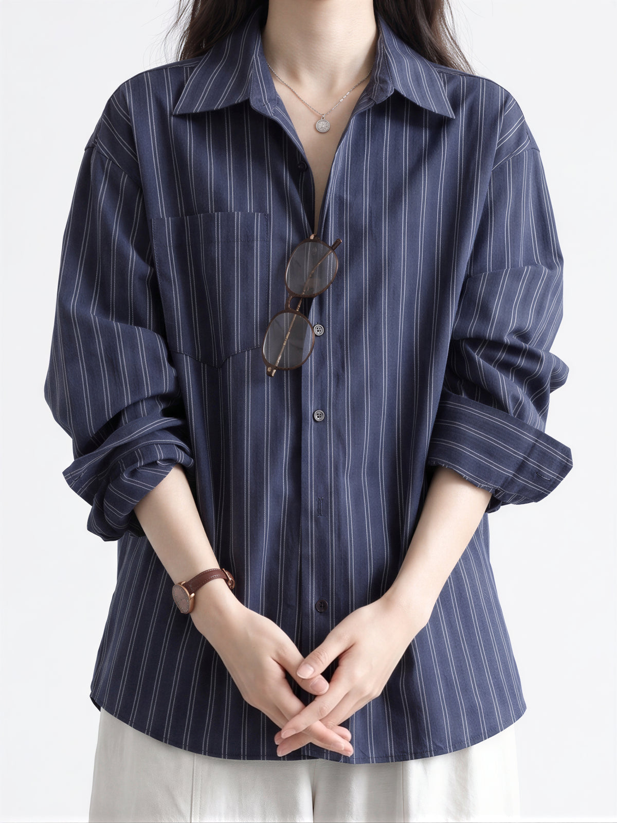 「兩色」「秋季新品 」S-XL 寬鬆條紋拼接口袋襯衫