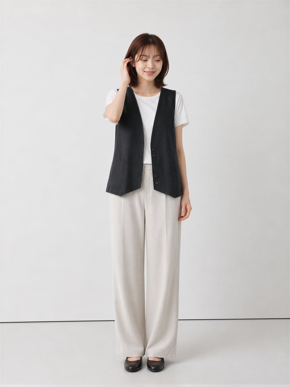 M-2XL 黑色深V排扣寬鬆背心