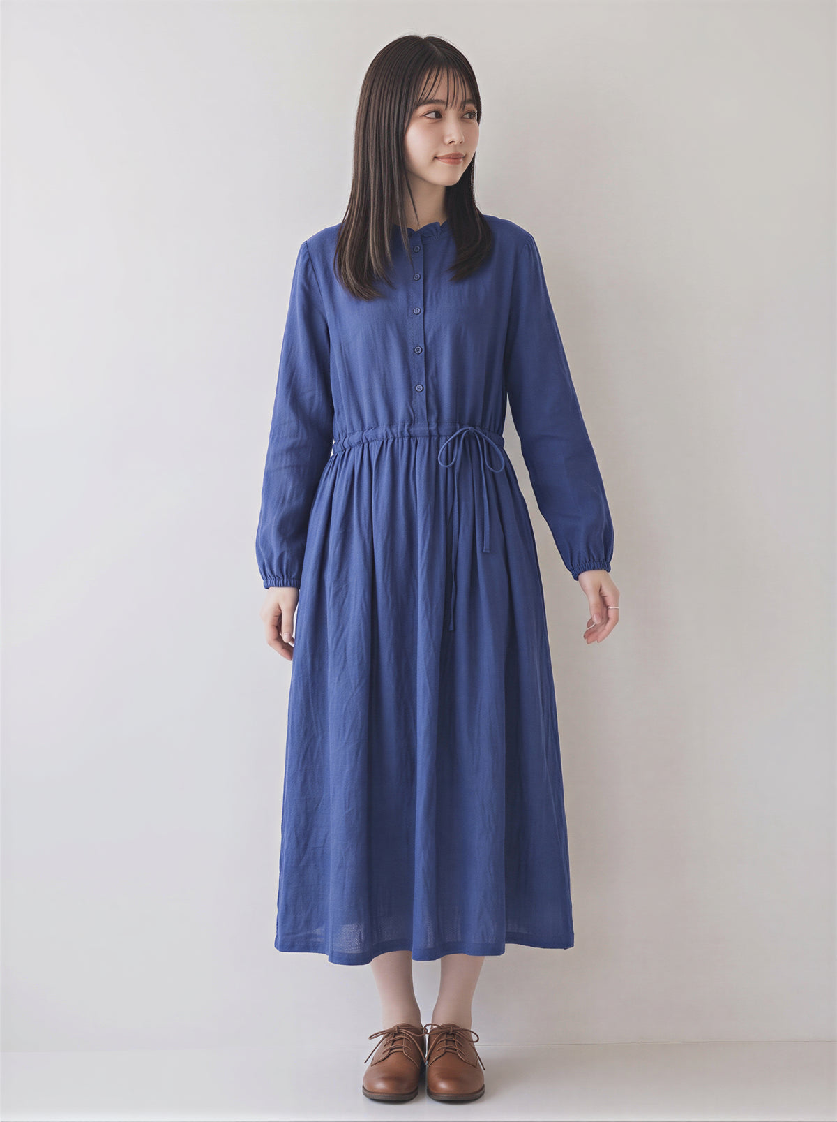 「秋季新品 」M-2XL木耳邊立領收腰棉麻洋裝