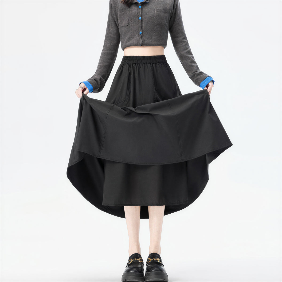 「多色」S-2XL 立體拼線蓬感半身裙