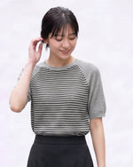 灰色拼接條紋短袖針織衫