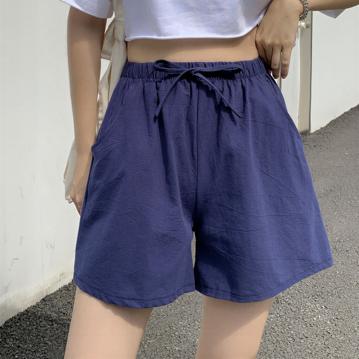 鬆緊抽繩寬鬆休閒短褲-藏青色-2XL