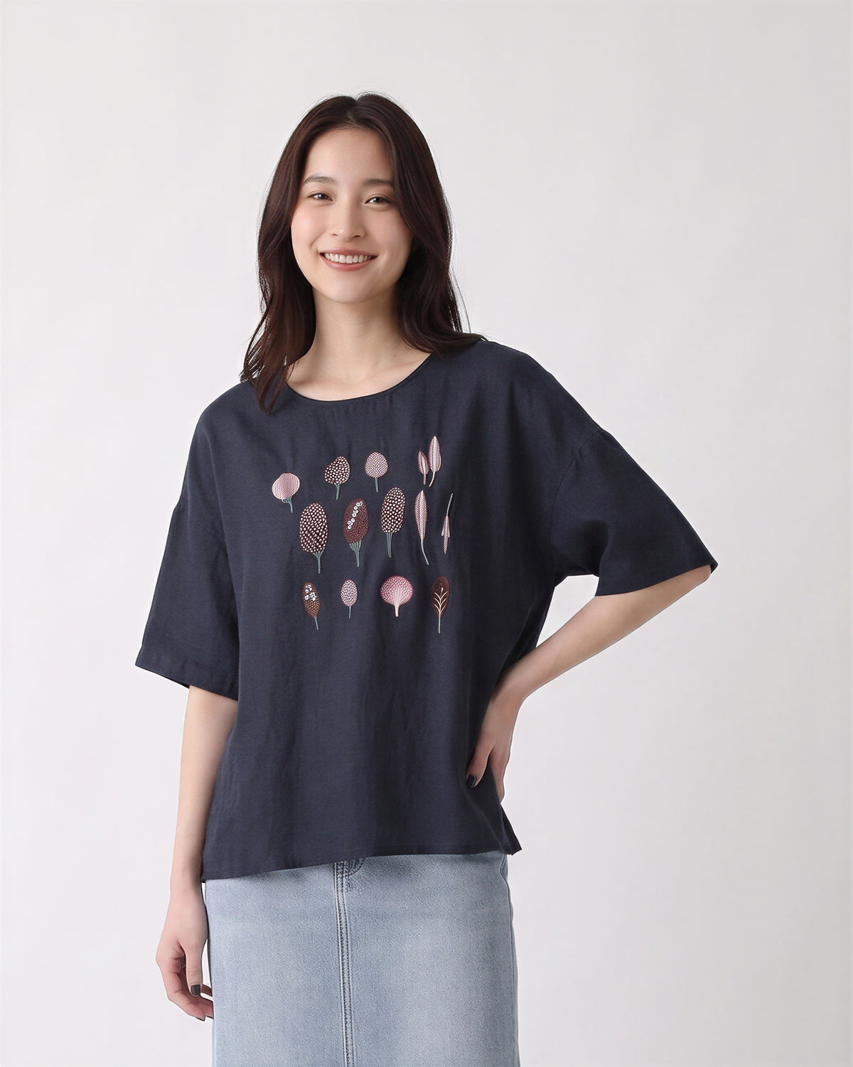 刺繡圖案寬鬆圓領T恤-深藍色-2XL