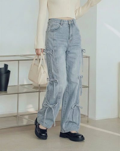 側邊綁帶高腰寬褲牛仔褲