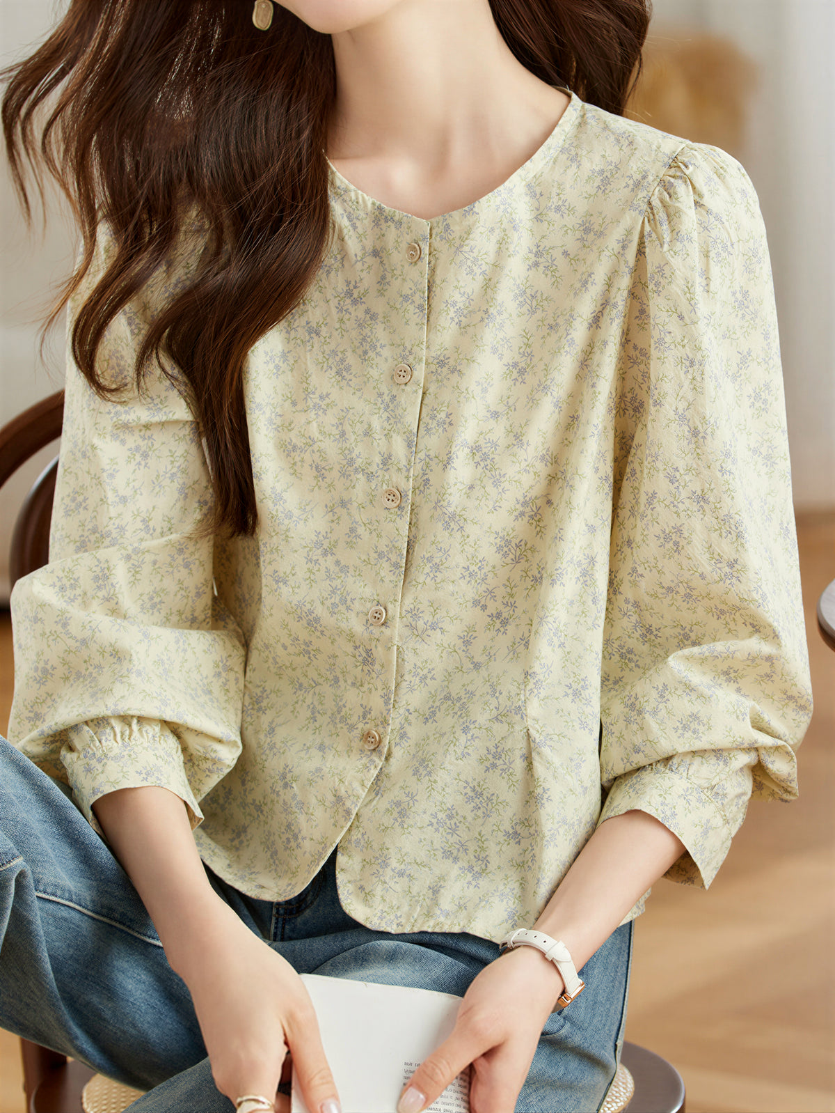 「兩色」「秋季新品 」M-2XL 全棉甄選 柔軟舒適碎花圓領長袖襯衫
