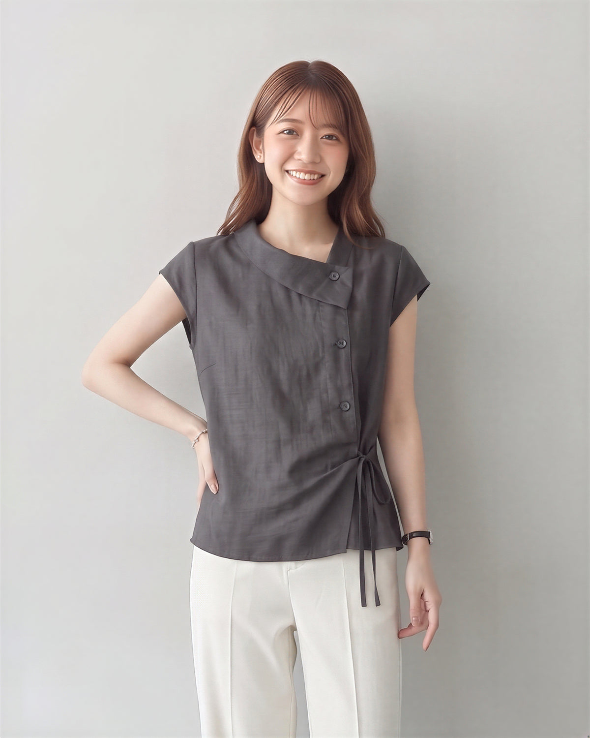 斜襟綁帶不對稱無袖上衣-煙灰色-2XL