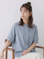 立領壓褶短袖襯衫-淺藍色-2XL