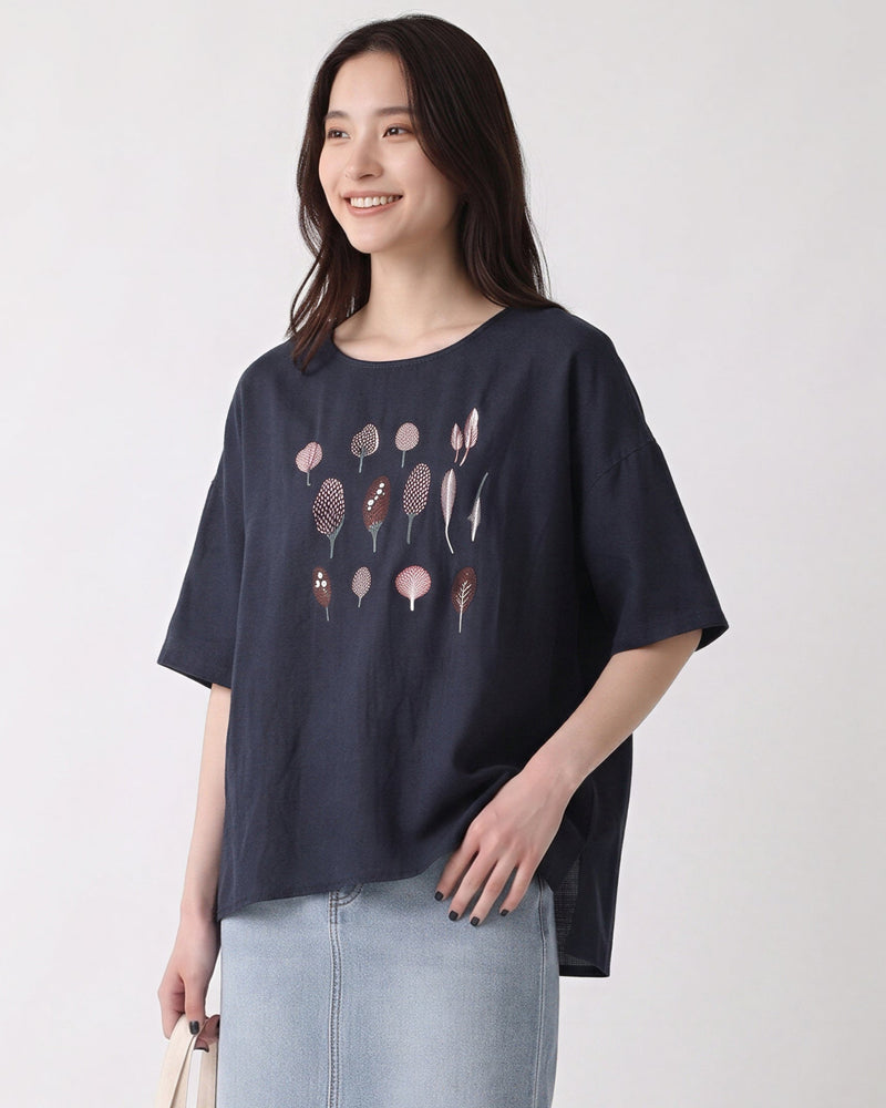 「3色」M-2XL 刺繡圖案 | 寬鬆舒適休閒圓領T恤