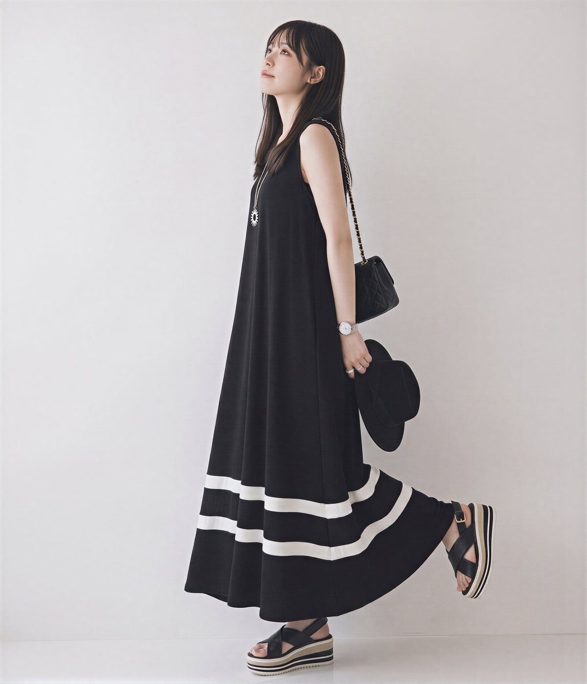 黑色 M-XL 寬鬆A字拼接背心長洋裝