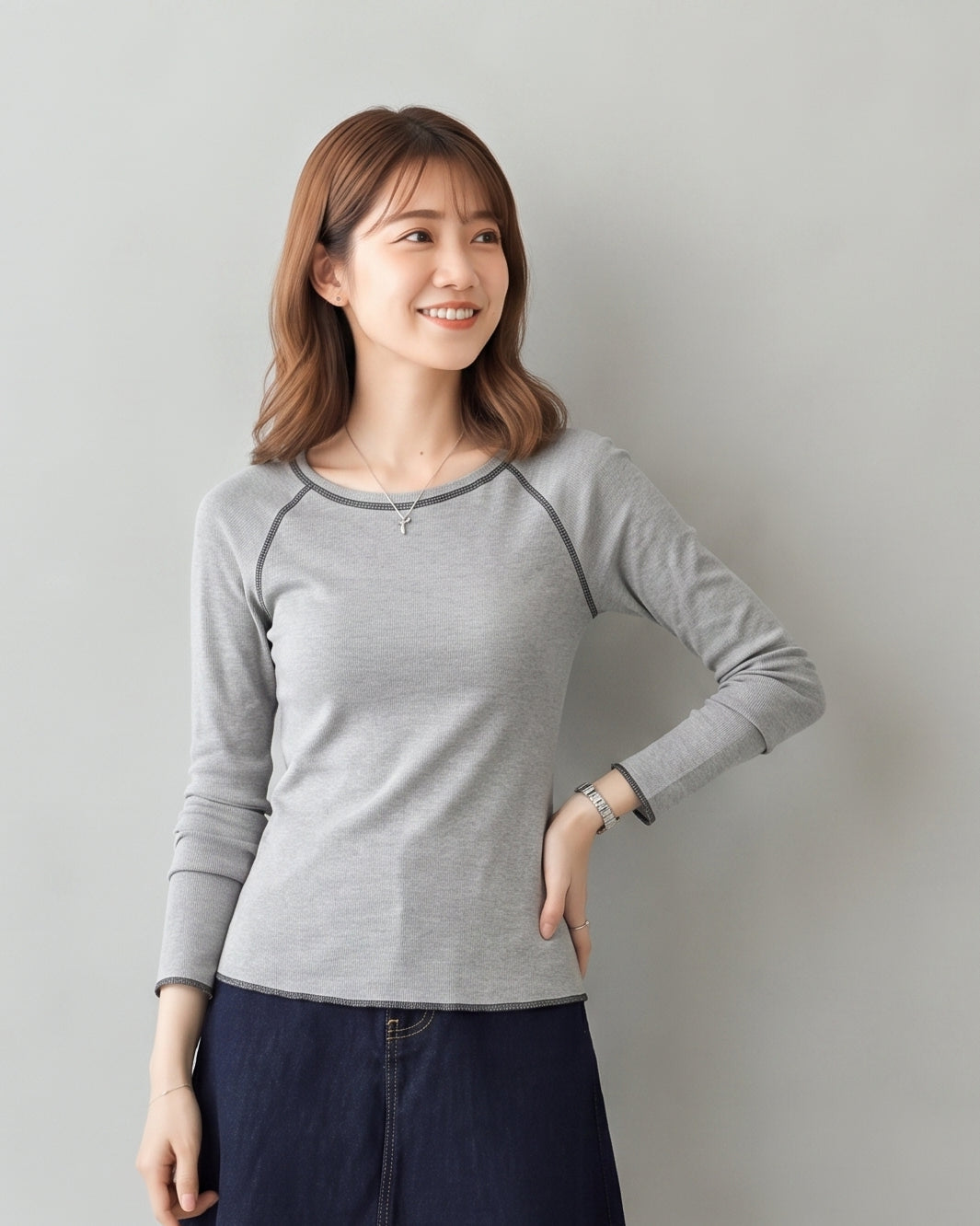 「秋季新品 」S-XL 灰色修身撞色滾邊插肩長袖打底T恤