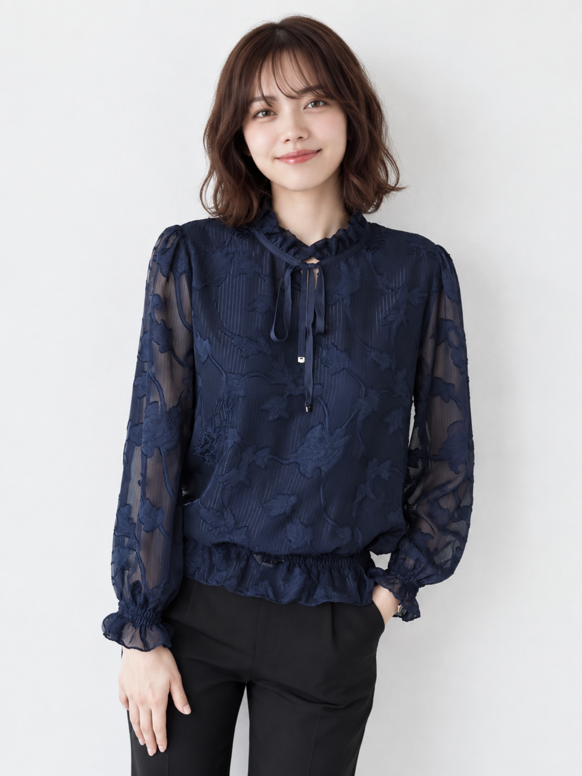 「秋季新品 」木耳邊綁帶印花雪紡上衣罩衫