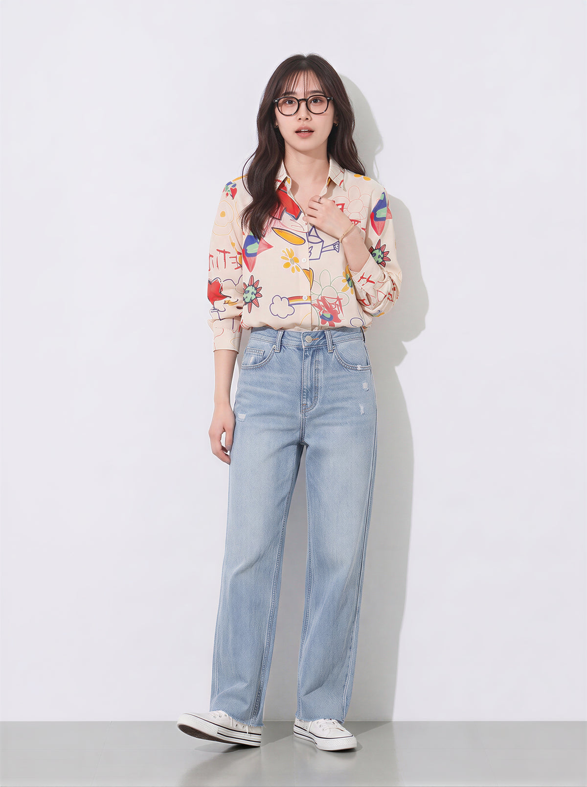 「秋季新品 」S-XL 米色塗鴉印花寬鬆襯衫