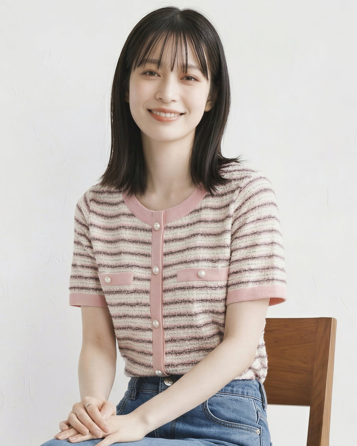 條紋撞色包邊 珍珠排扣 短袖針織開衫