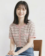 條紋撞色包邊 珍珠排扣 短袖針織開衫
