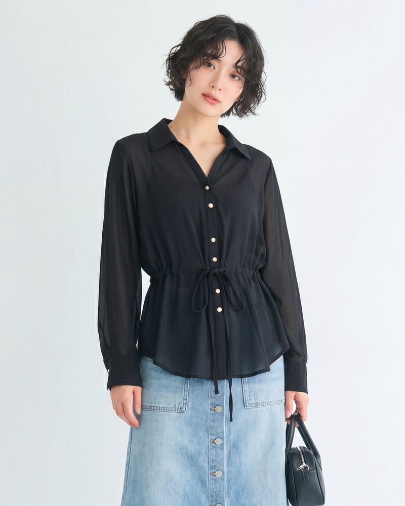 腰帶收腰翻領長袖雪紡襯衫-黑色-3XL