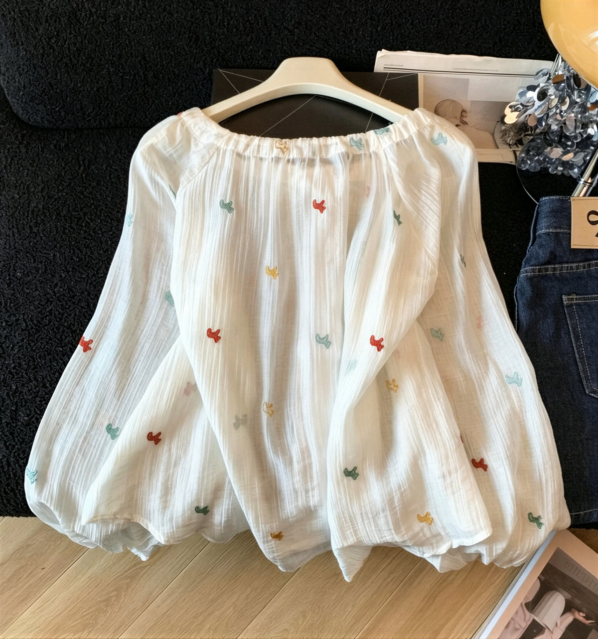 S-XL 白色荷葉邊 | 綁帶刺繡襯衫