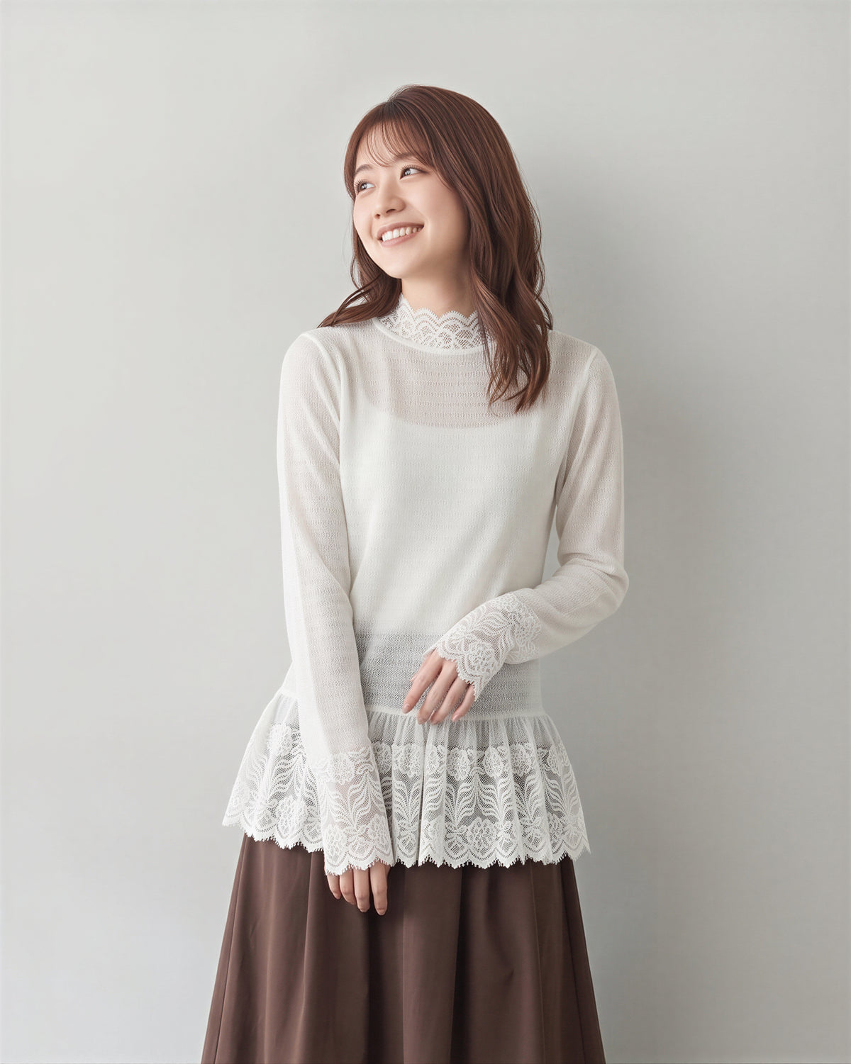 「秋季新品 」 S-XL 白色蕾絲拼接 | 木耳邊疊穿內搭長袖上衣