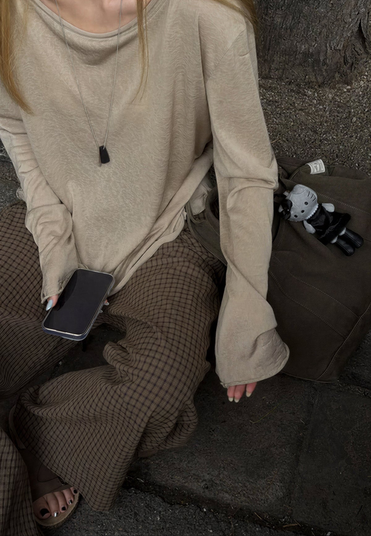 寬鬆闊腿格紋運動褲-深棕色-XL