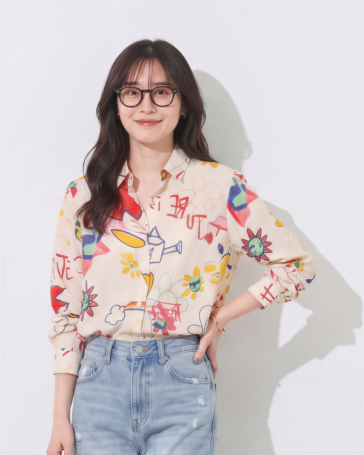「秋季新品 」S-XL 米色塗鴉印花寬鬆襯衫