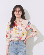 「秋季新品 」S-XL 米色塗鴉印花寬鬆襯衫