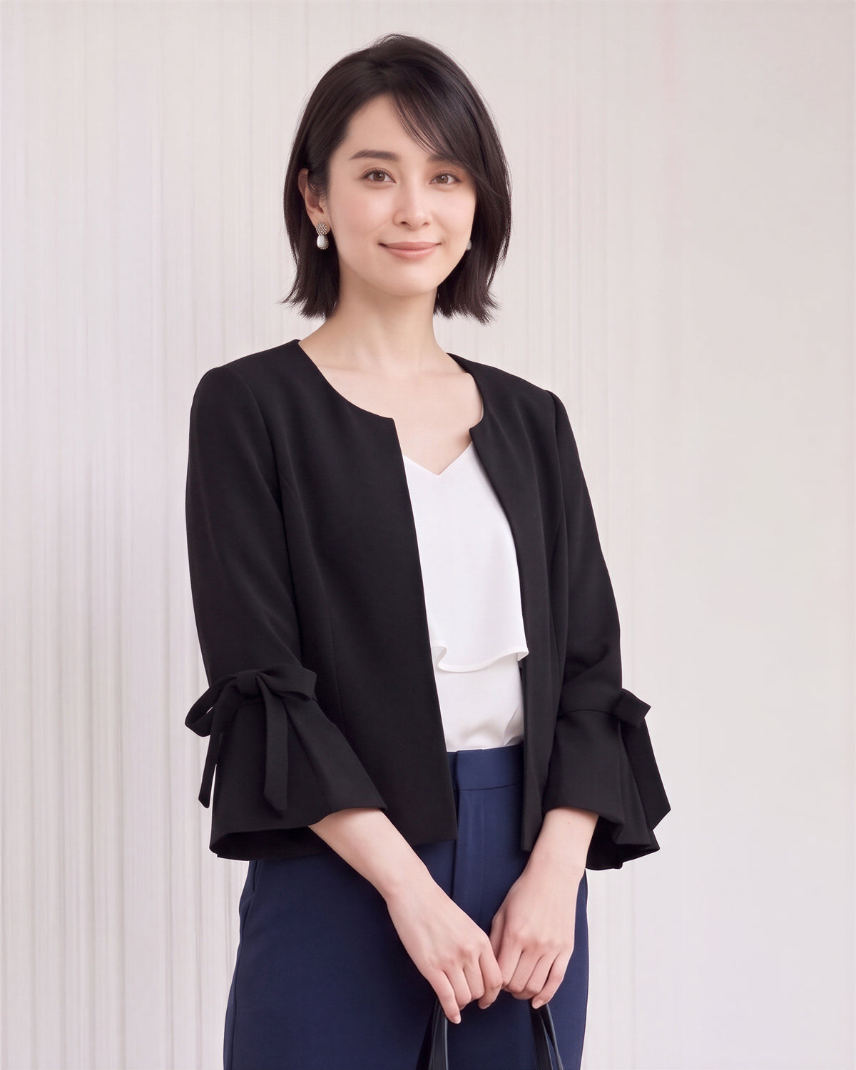 「秋季新品 」「3色」S-2XL 圓領荷葉袖綁帶西裝外套
