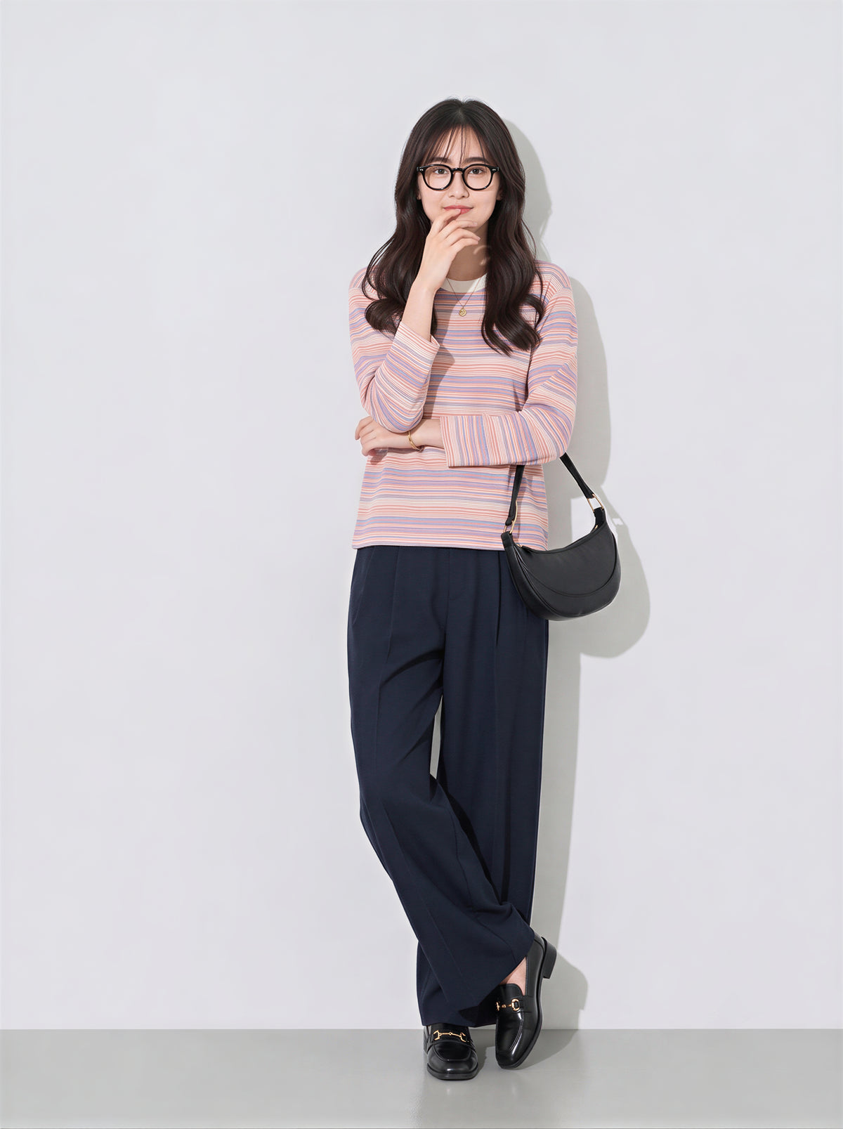 「秋季新品 」S-XL 淺粉色細條紋圓領長袖T恤