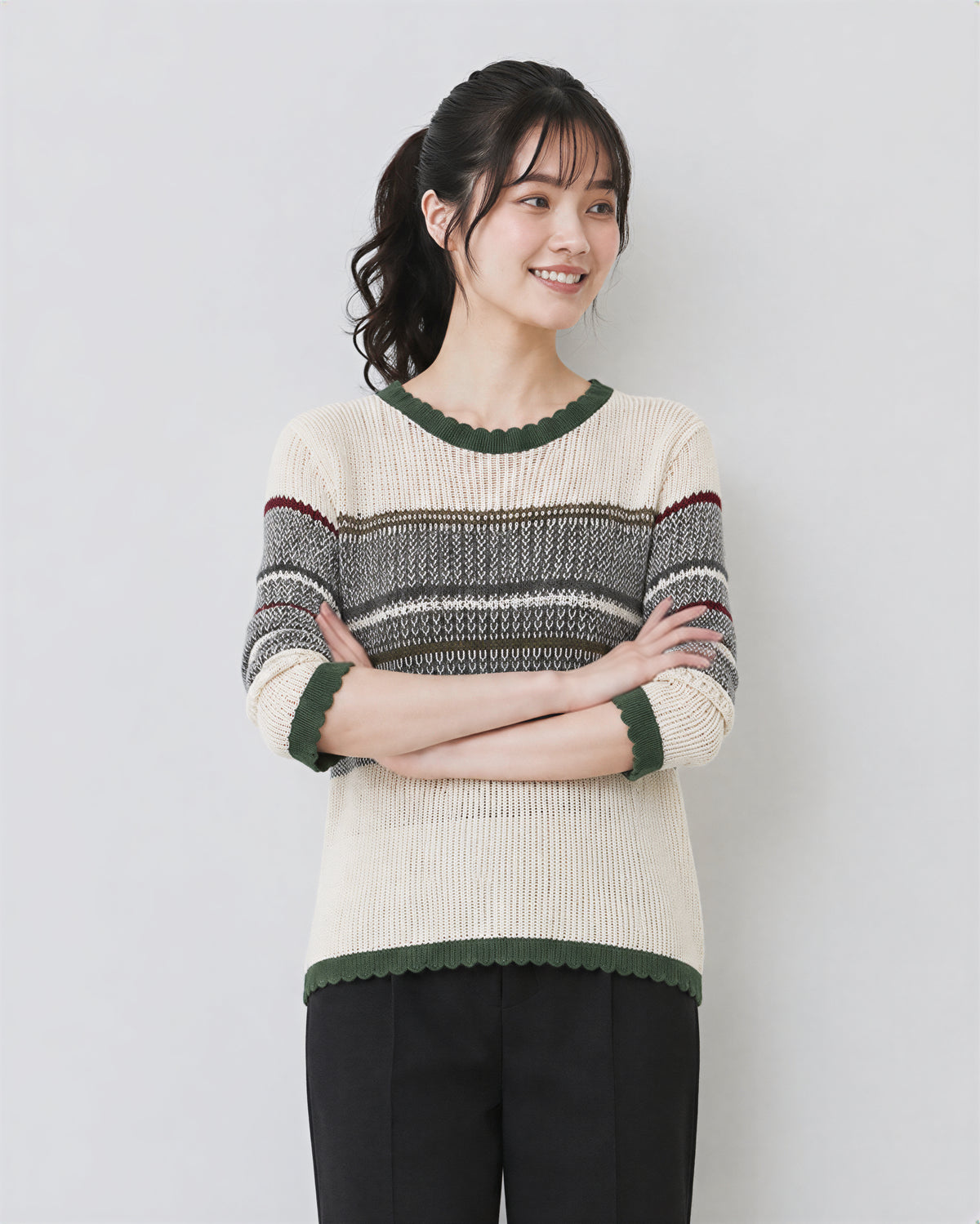 「秋季新品 」條紋拼接 波浪邊 修身針織衫
