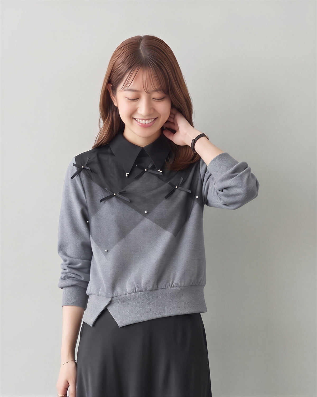 「秋季新品 」S-XL 菱格拼接飄帶翻領衛衣
