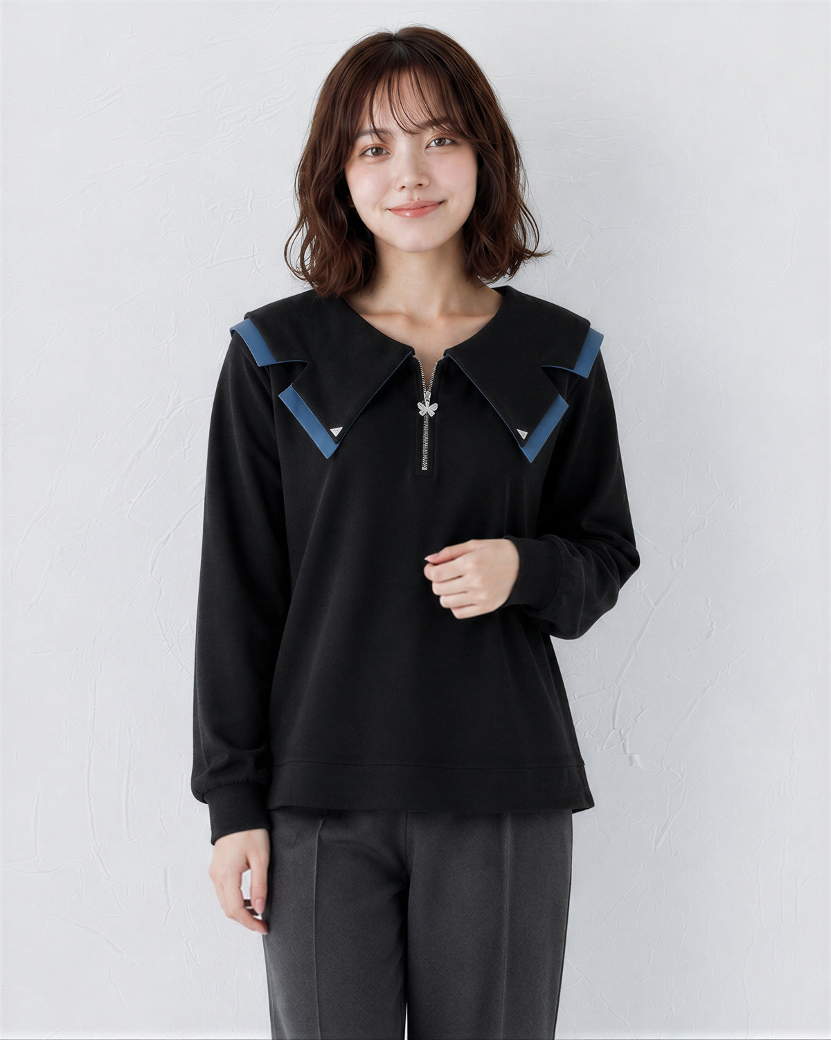拉鍊V領荷葉邊假兩件衛衣-黑色-2XL