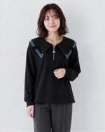 拉鍊V領荷葉邊假兩件衛衣-黑色-2XL