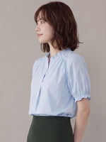 「兩色」全棉舒適透氣 木耳邊V領泡泡袖襯衫-藍色-2XL