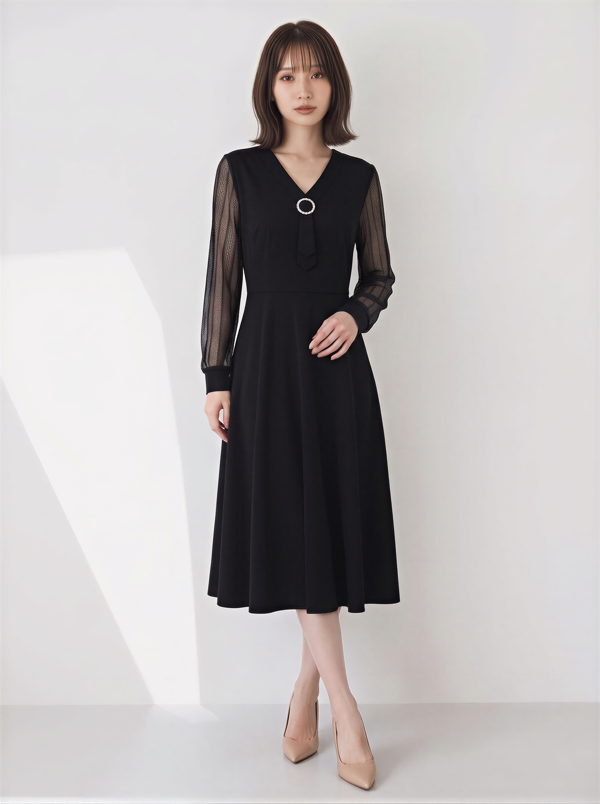 「秋季新品 」M~5XL V領收腰網紗袖蕾絲洋裝