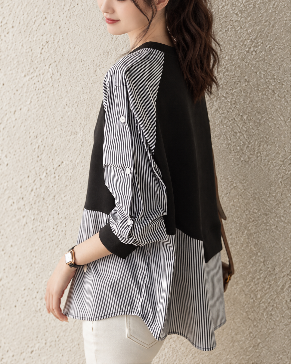 「兩色」「秋季新品 」 S-2XL 拼接條紋寬鬆衛衣