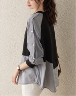 「兩色」「秋季新品 」 S-2XL 拼接條紋寬鬆衛衣
