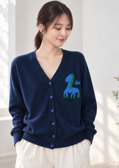 「秋季新品 」S-XL V領撞色圖案針織開襟衫