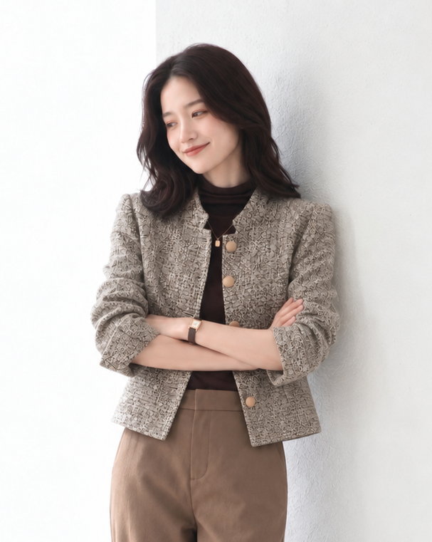 「秋季新品 」 S-XL 粗花呢圓領金釦小香風外套