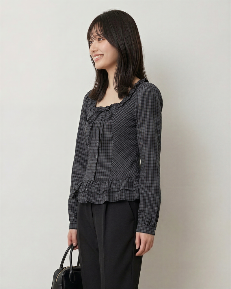 煙灰格紋方領荷葉邊收腰長袖襯衫